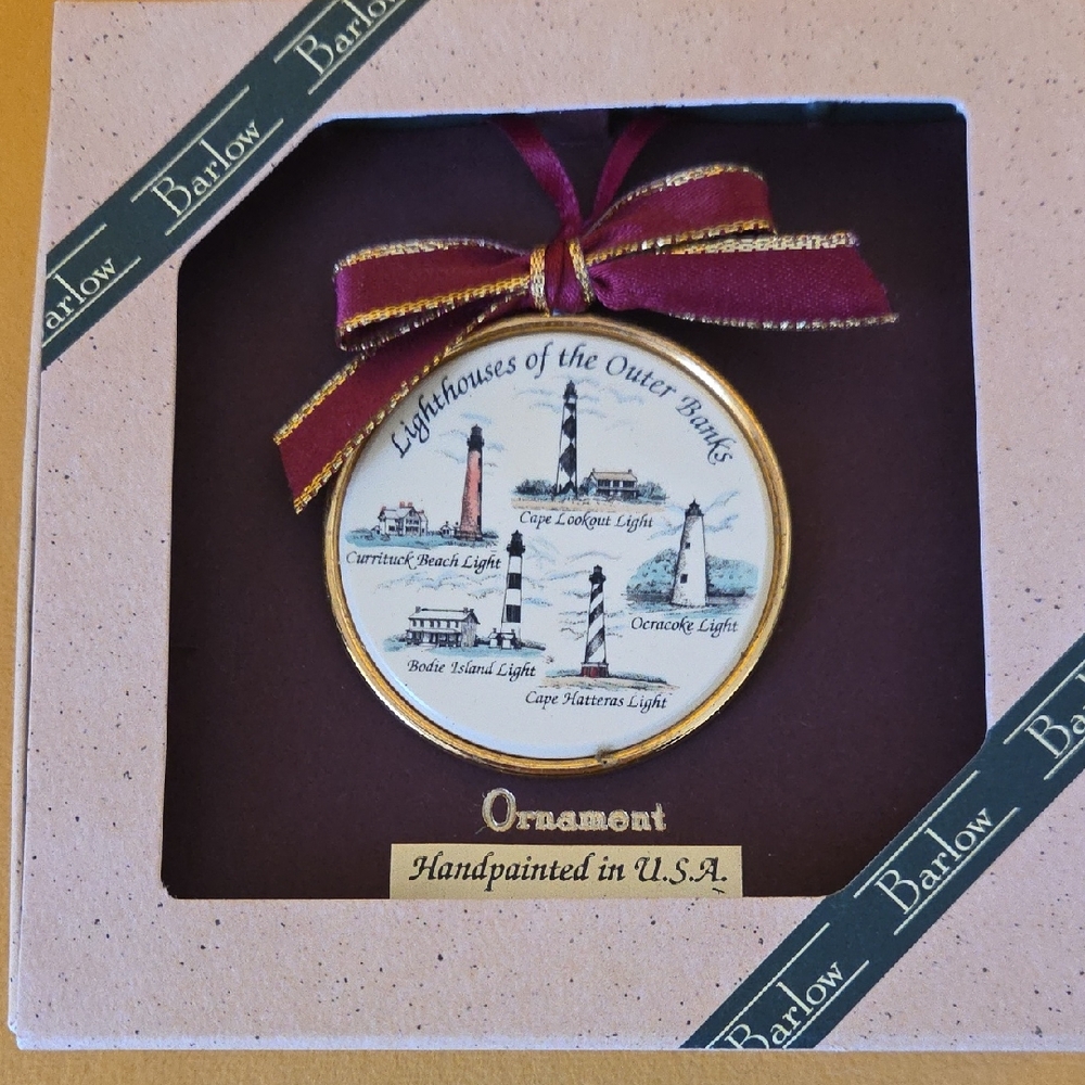 50% Off All Christmas!NIB Handpainted NC Lighthouse Ornament - Gold and Burgundy